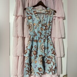 Italy Moda Light Blue Floral Tiered Dress with Brown & Cream Print